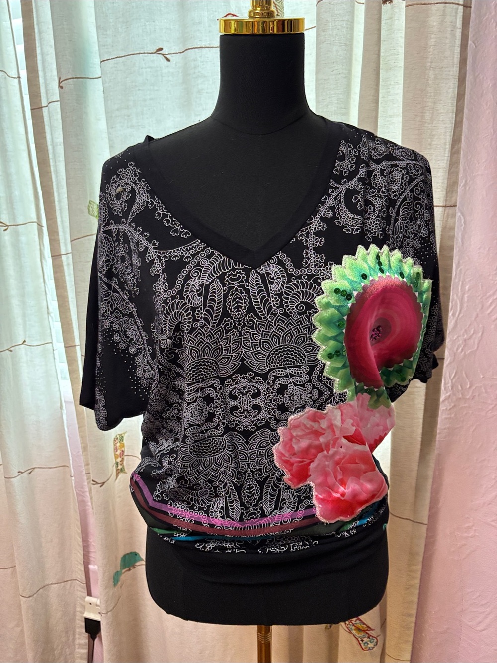Desigual Black Tee with Pink & Green Floral Accent